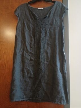 PURO LINO grey embroidered linen shift mini dress